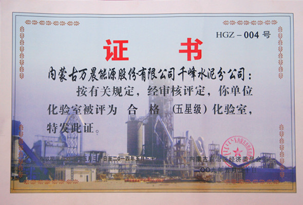 2009年內(nèi)蒙古千峰水泥公司被評為五星級化驗(yàn)室